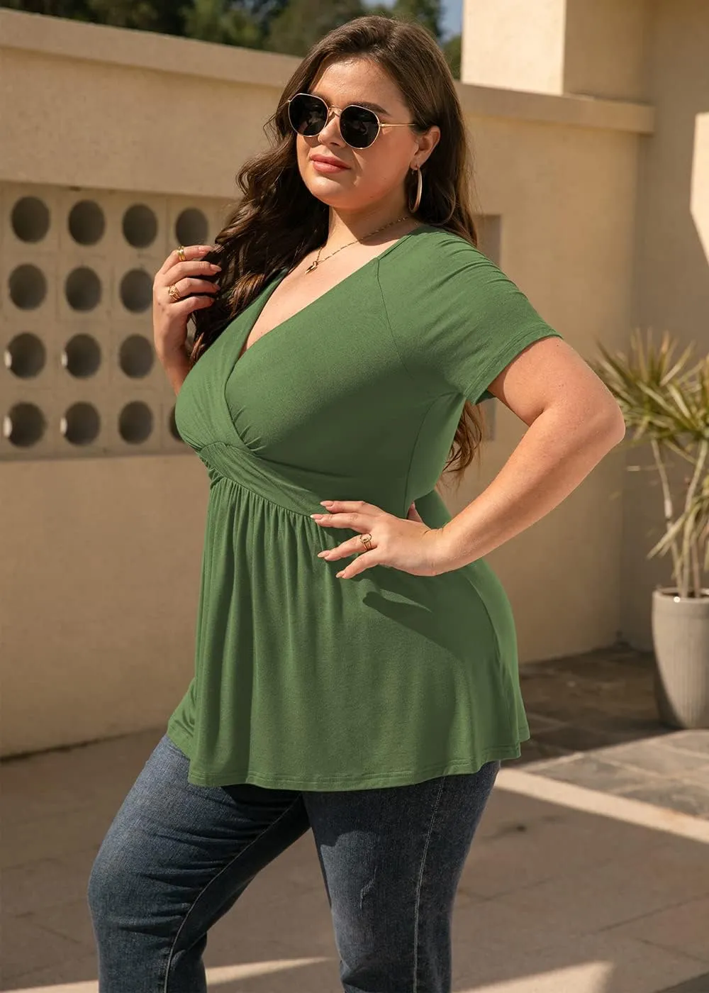 TIANZHU Women's Plus Size Dressy Tops Wrap Shirt Short Sleeve Tunic Top V Neck Low Cut Cute Blouse