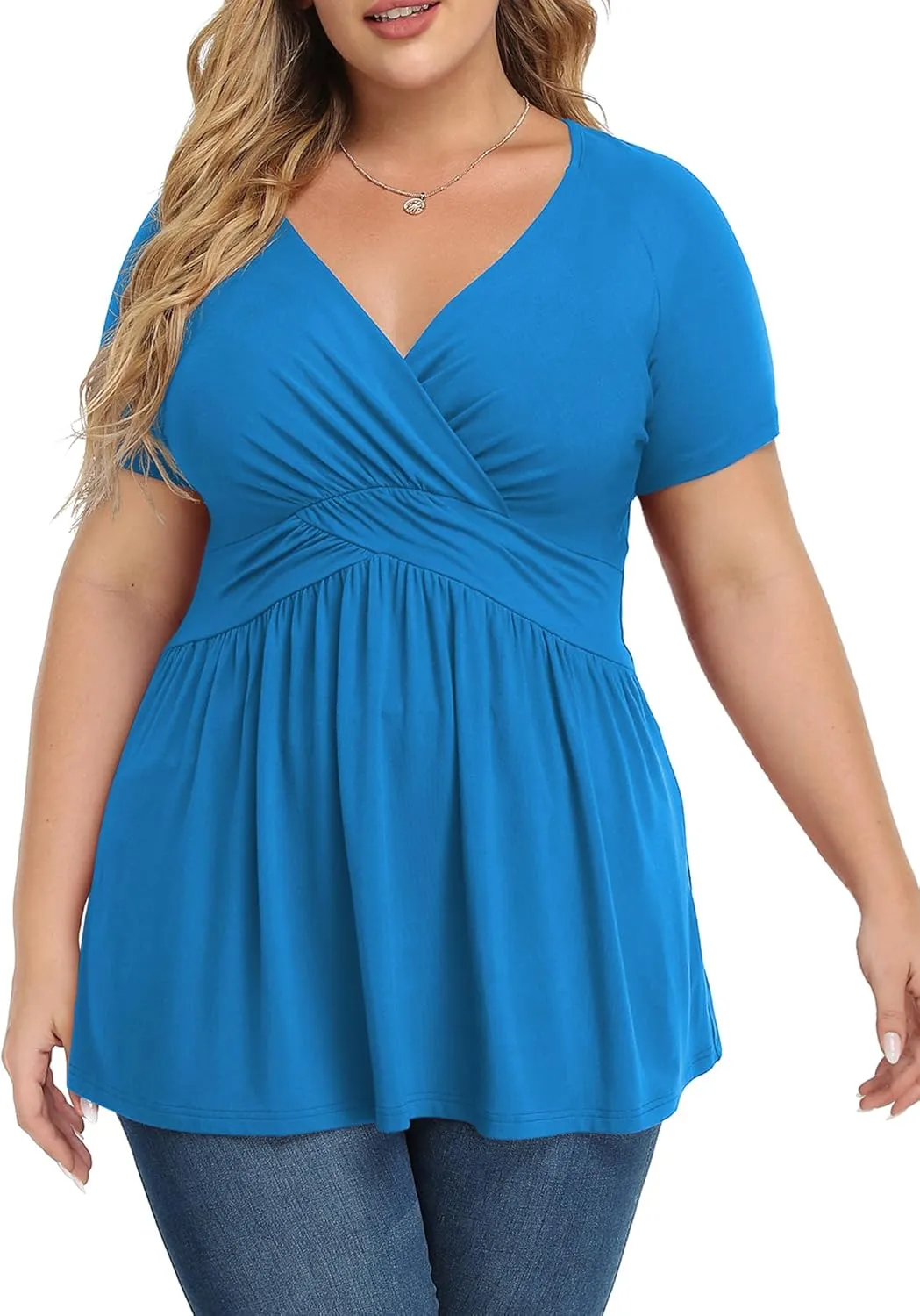 TIANZHU Women's Plus Size Dressy Tops Wrap Shirt Short Sleeve Tunic Top V Neck Low Cut Cute Blouse