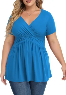 TIANZHU Women's Plus Size Dressy Tops Wrap Shirt Short Sleeve Tunic Top V Neck Low Cut Cute Blouse