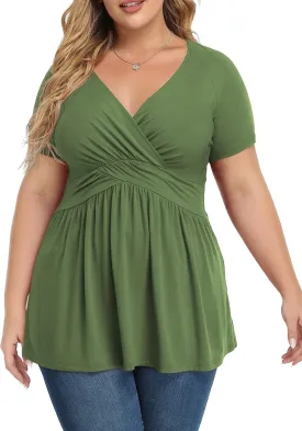 TIANZHU Women's Plus Size Dressy Tops Wrap Shirt Short Sleeve Tunic Top V Neck Low Cut Cute Blouse