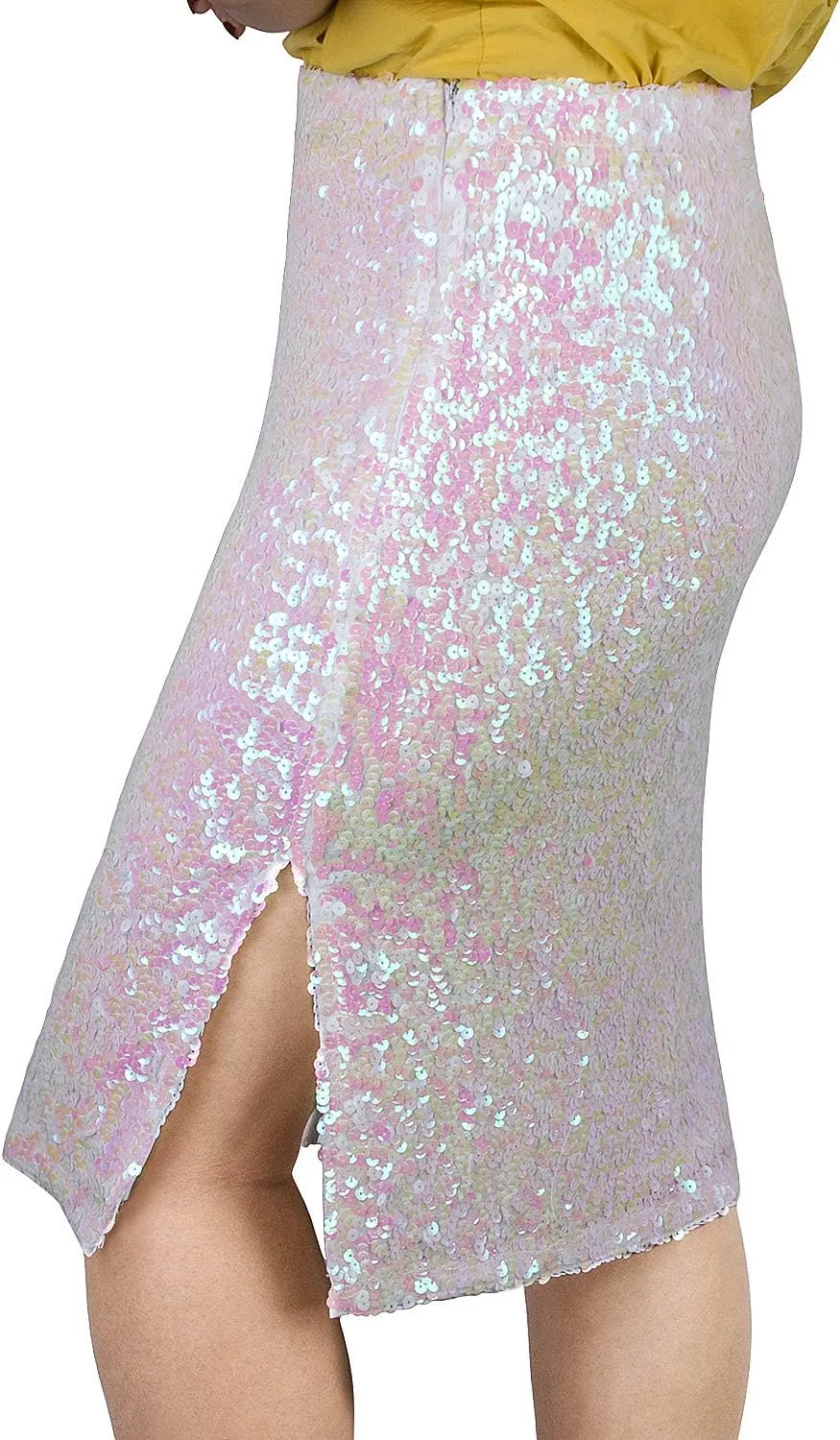 Vijiv Women's Sequin Skirt Midi High Waist Elegant Stretchy Sparkle Side Slit Pencil Skirt Party Cocktail