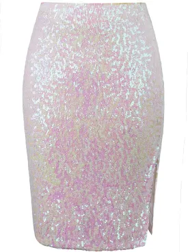 Vijiv Women's Sequin Skirt Midi High Waist Elegant Stretchy Sparkle Side Slit Pencil Skirt Party Cocktail