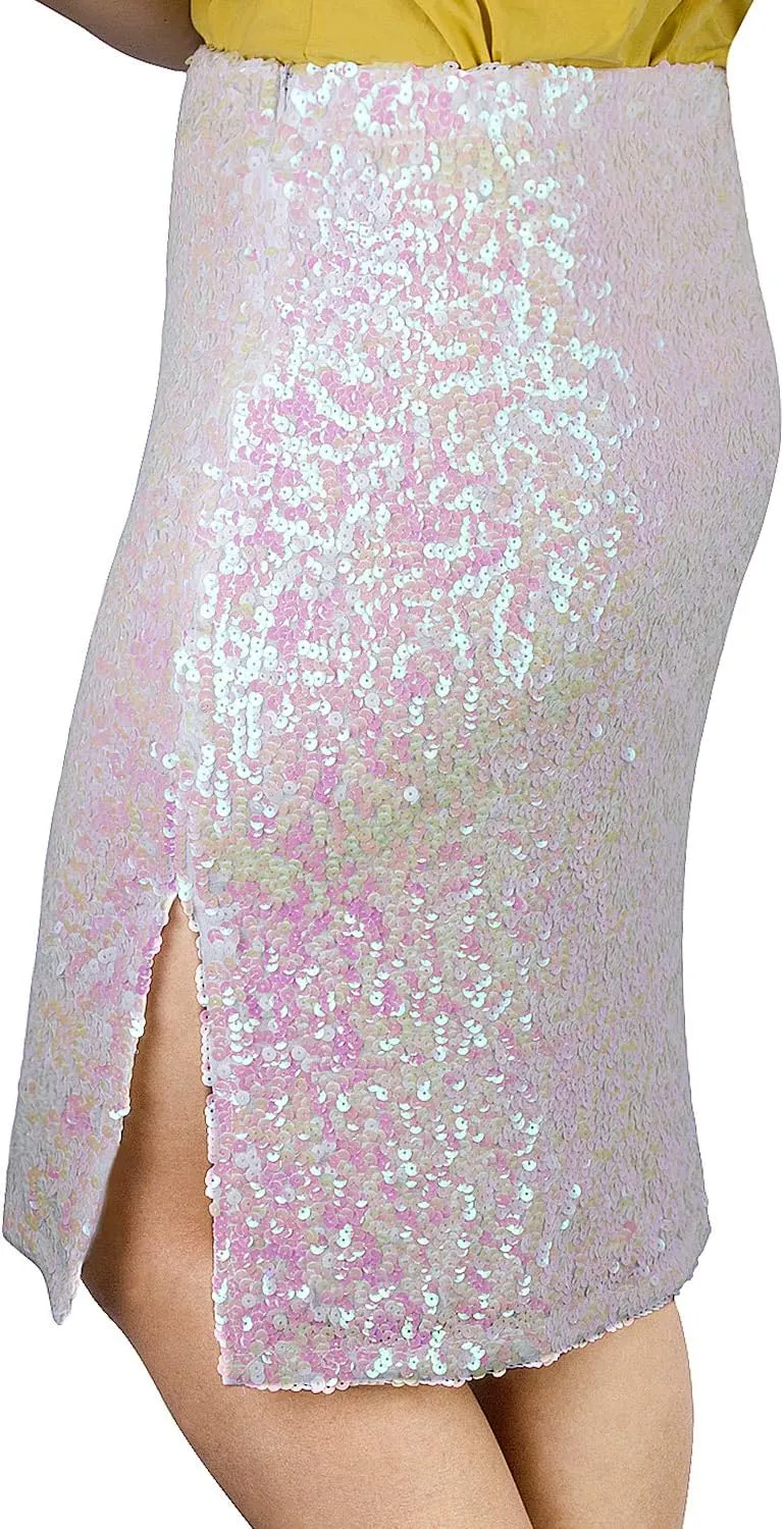 Vijiv Women's Sequin Skirt Midi High Waist Elegant Stretchy Sparkle Side Slit Pencil Skirt Party Cocktail