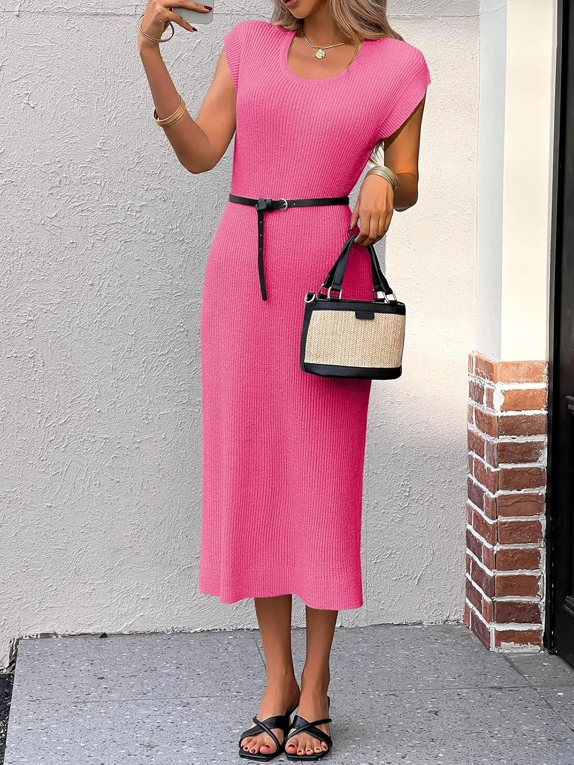 Wenrine Womens Ribbed Knit Maxi Dress Casual Short Sleeve Loose Fit Summer Long Dress