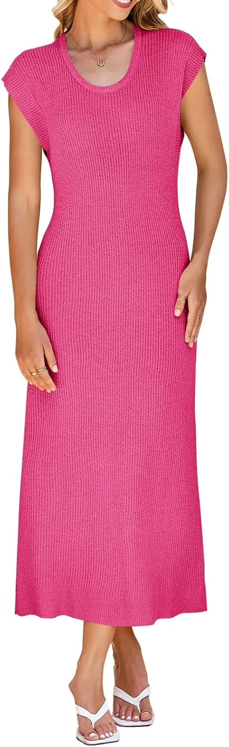 Wenrine Womens Ribbed Knit Maxi Dress Casual Short Sleeve Loose Fit Summer Long Dress