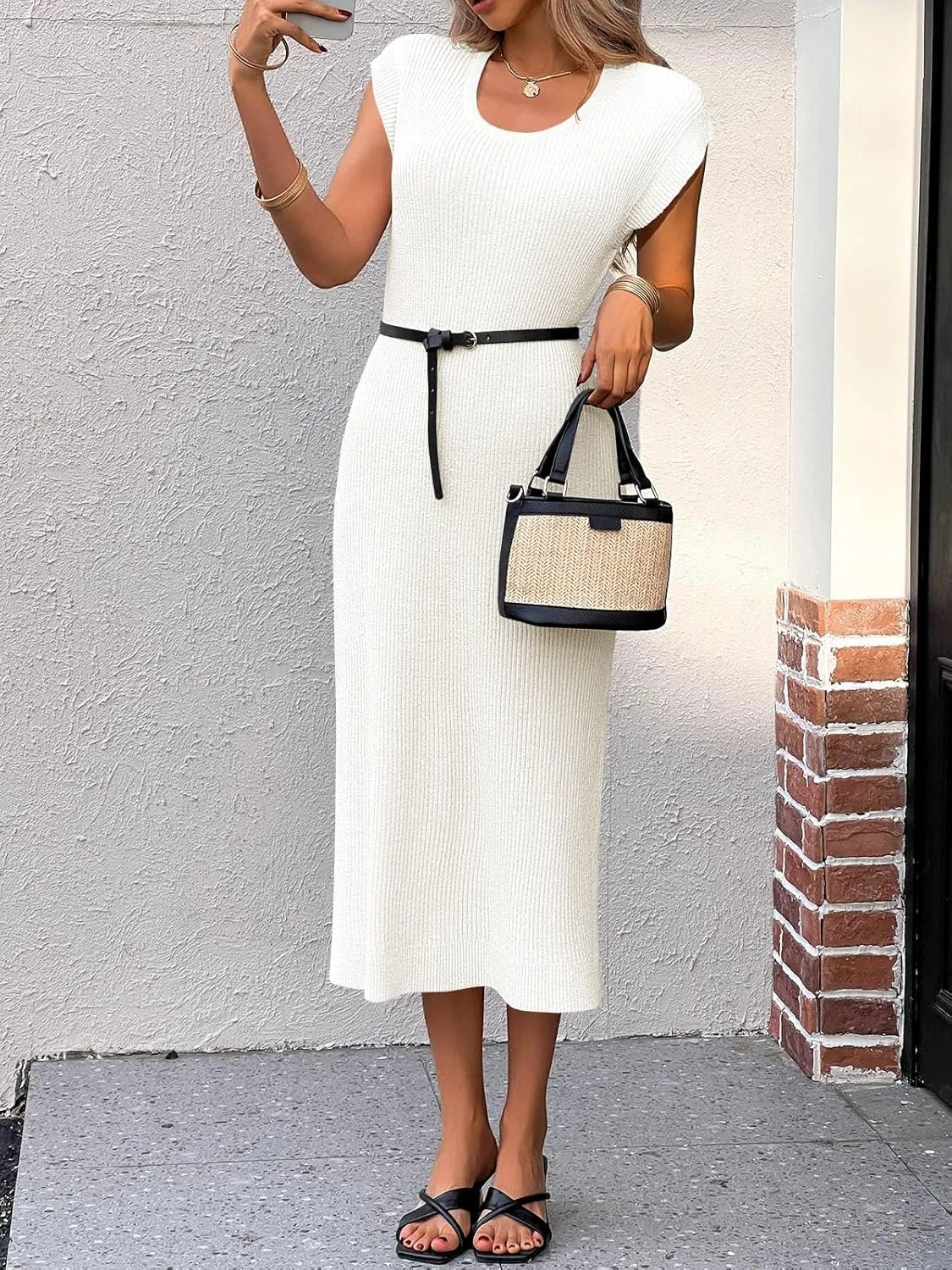 Wenrine Womens Ribbed Knit Maxi Dress Casual Short Sleeve Loose Fit Summer Long Dress