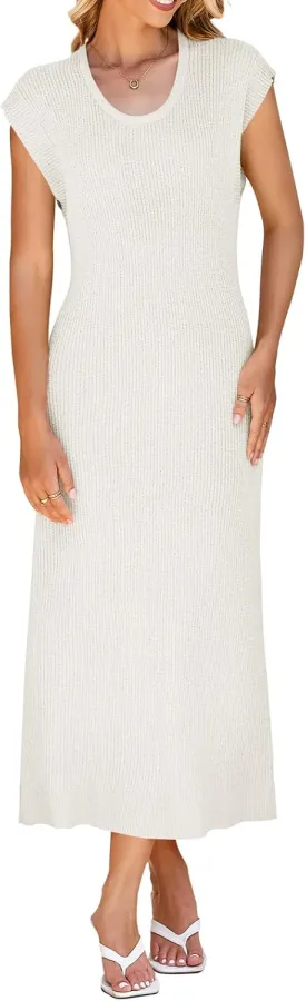 Wenrine Womens Ribbed Knit Maxi Dress Casual Short Sleeve Loose Fit Summer Long Dress