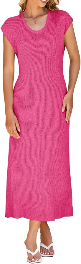 Wenrine Womens Ribbed Knit Maxi Dress Casual Short Sleeve Loose Fit Summer Long Dress