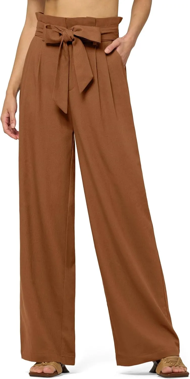 Willit Women Linen Pants Casual Wide Leg Dress Pants High Waisted Paperbag Work Trousers Summer Tie Knot Pockets 28"/30"/32''