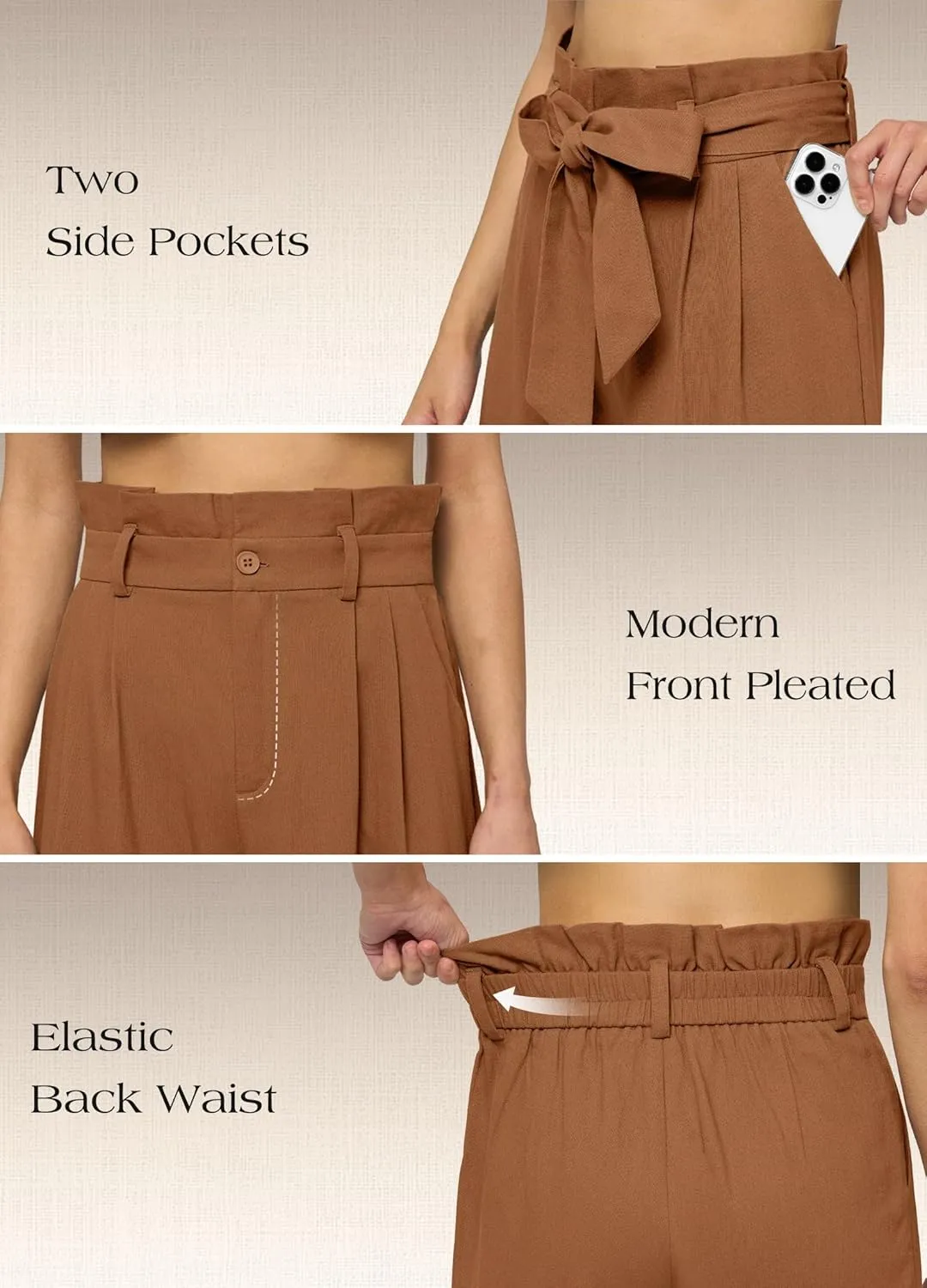 Willit Women Linen Pants Casual Wide Leg Dress Pants High Waisted Paperbag Work Trousers Summer Tie Knot Pockets 28"/30"/32''