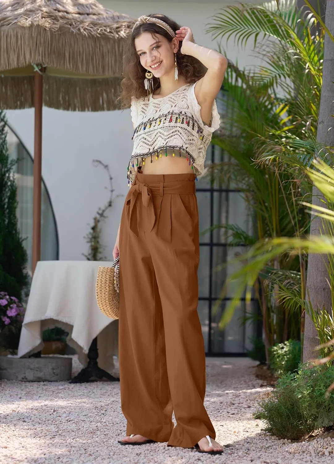 Willit Women Linen Pants Casual Wide Leg Dress Pants High Waisted Paperbag Work Trousers Summer Tie Knot Pockets 28"/30"/32''