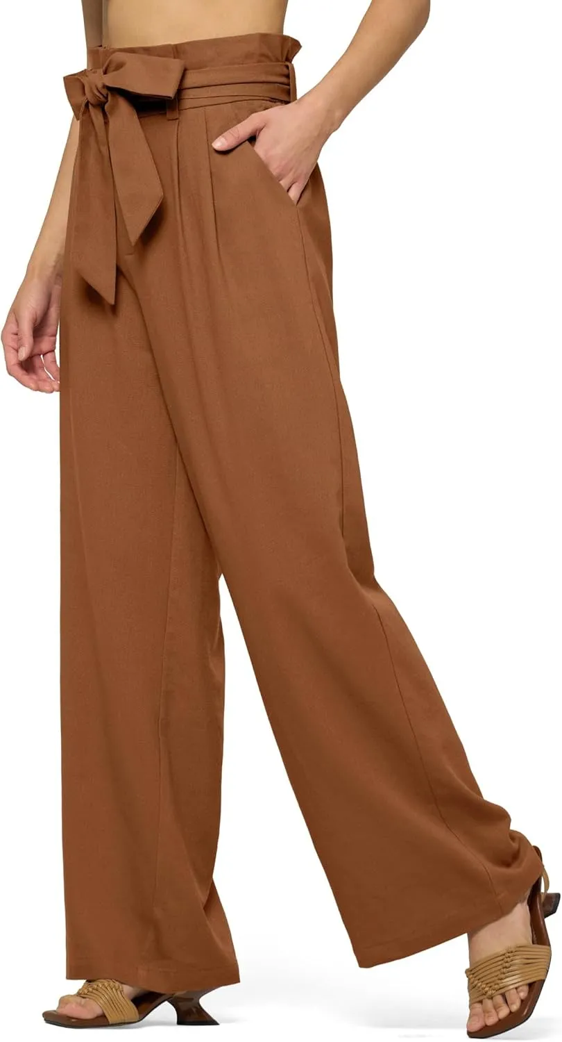 Willit Women Linen Pants Casual Wide Leg Dress Pants High Waisted Paperbag Work Trousers Summer Tie Knot Pockets 28"/30"/32''
