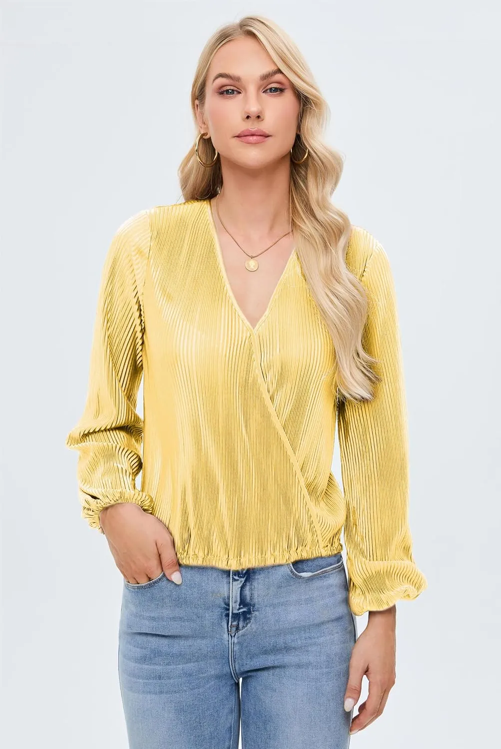 Women Long Lantern Sleeve Shirts Dressy Casual Loose Fit Fall V Neck Blouses Date Night Tops