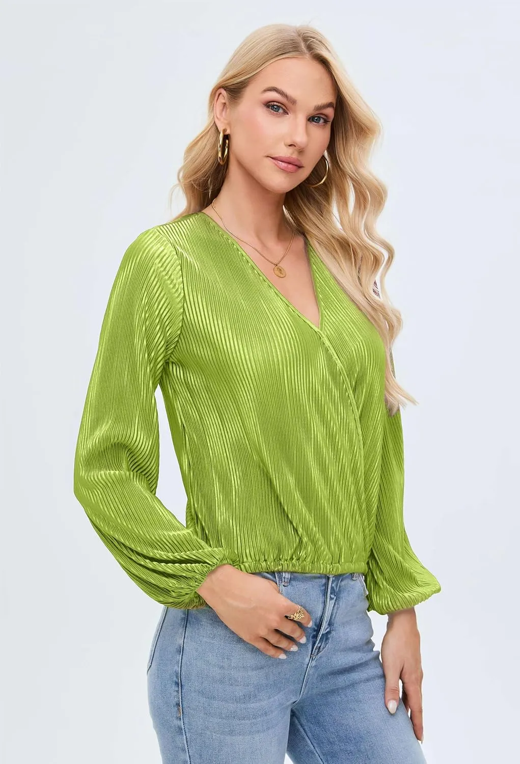 Women Long Lantern Sleeve Shirts Dressy Casual Loose Fit Fall V Neck Blouses Date Night Tops