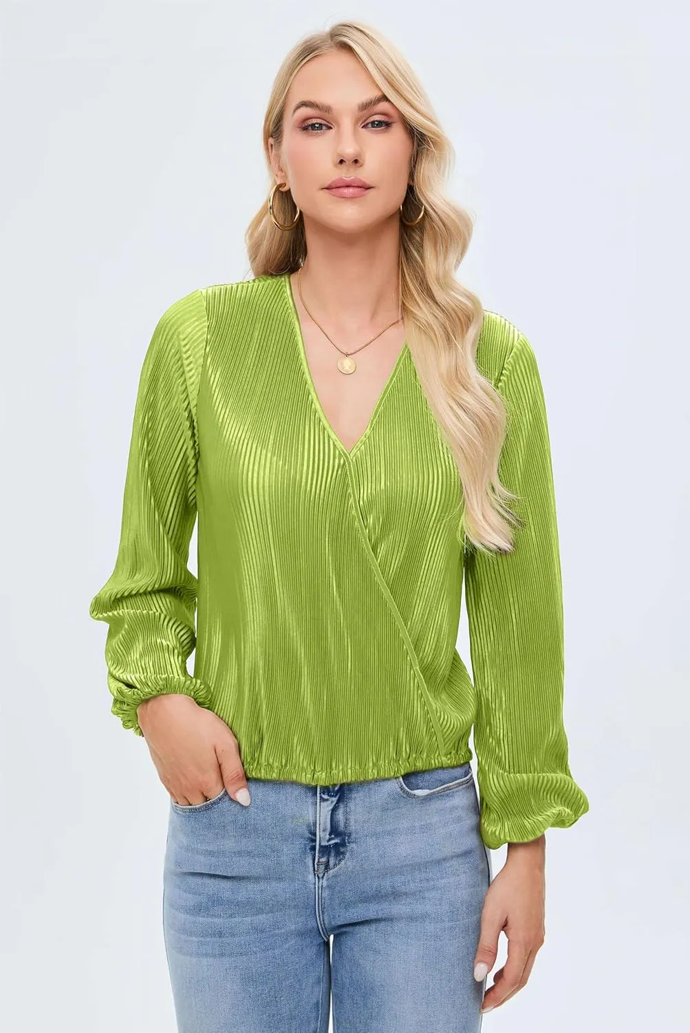 Women Long Lantern Sleeve Shirts Dressy Casual Loose Fit Fall V Neck Blouses Date Night Tops