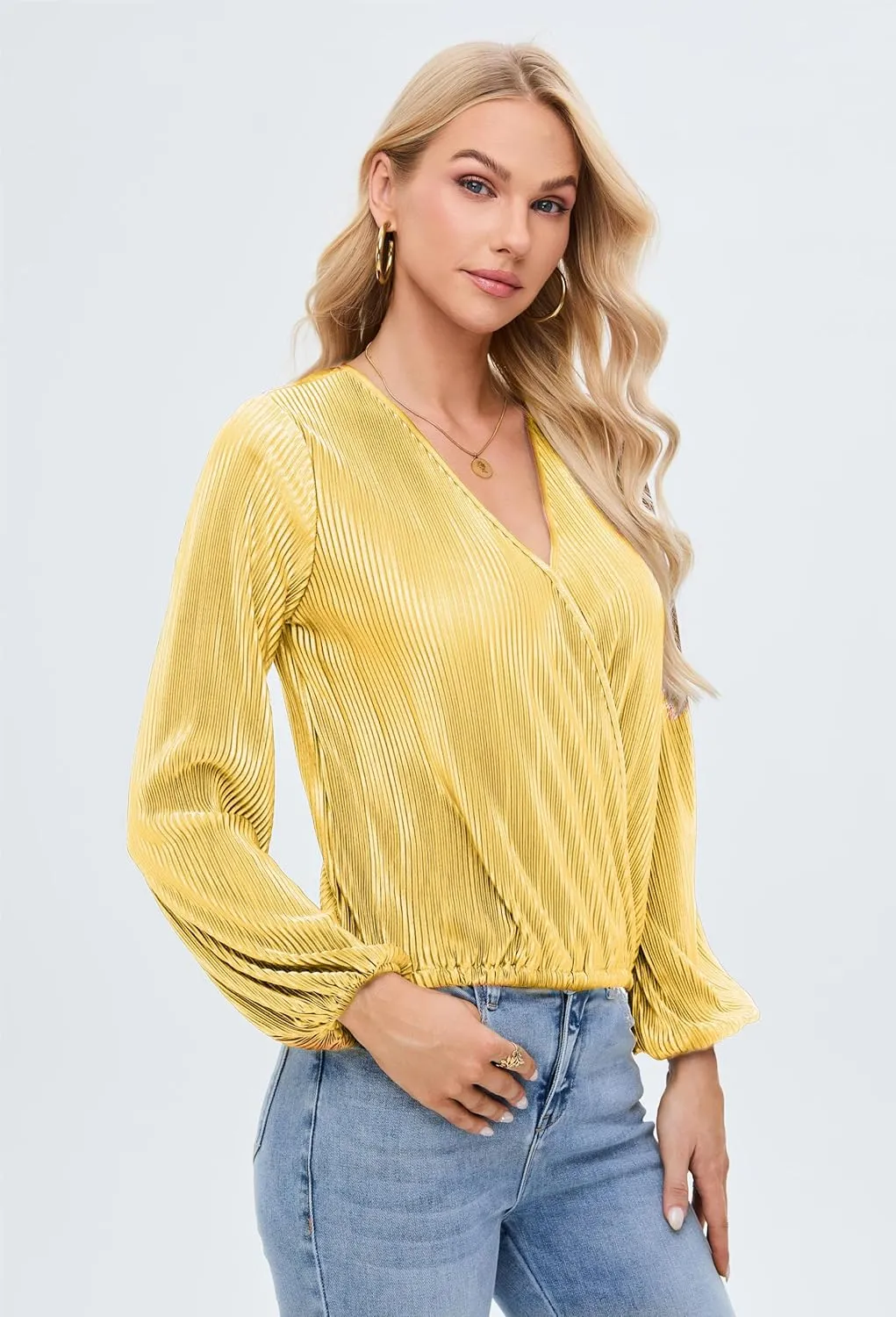 Women Long Lantern Sleeve Shirts Dressy Casual Loose Fit Fall V Neck Blouses Date Night Tops