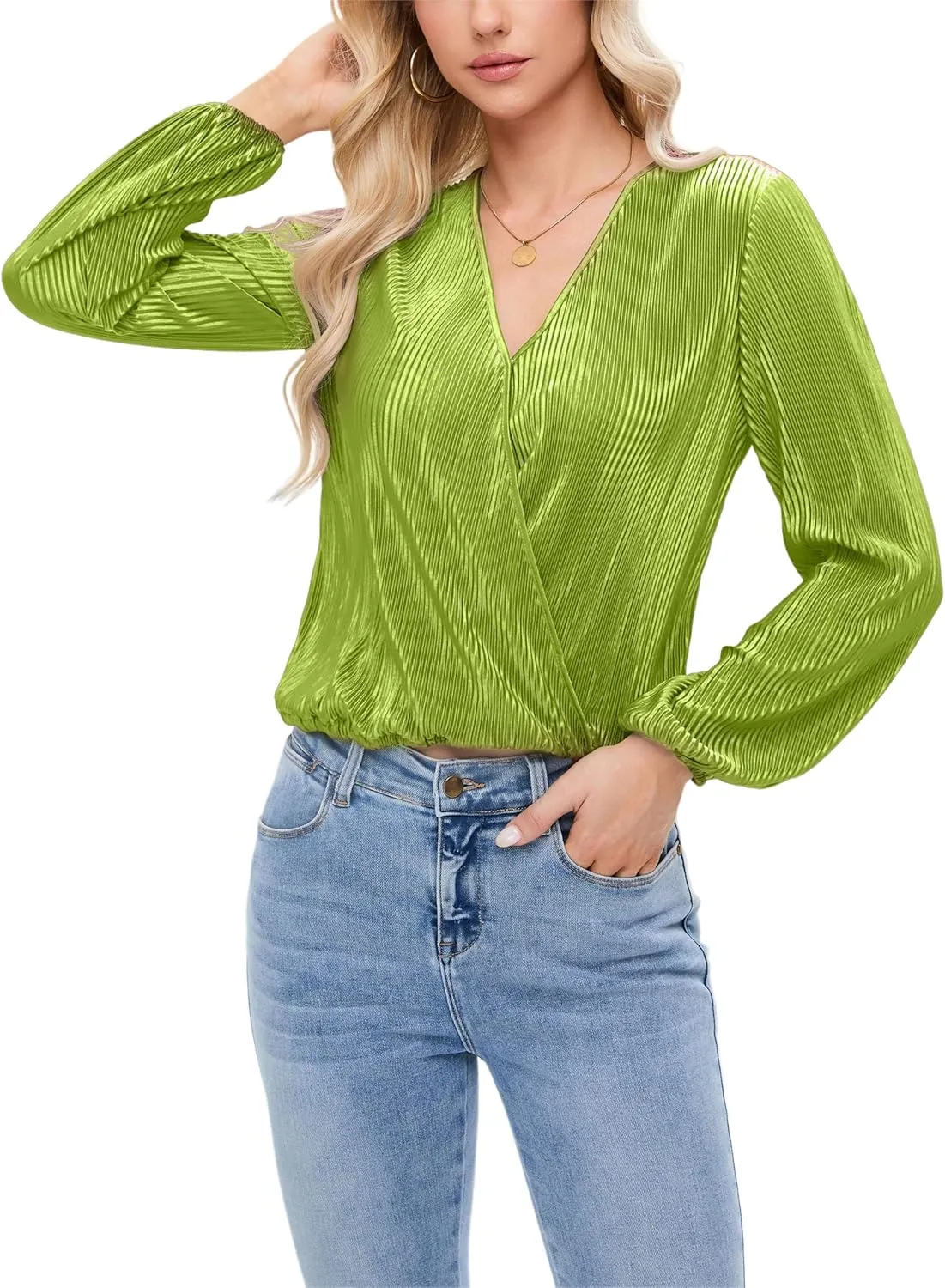 Women Long Lantern Sleeve Shirts Dressy Casual Loose Fit Fall V Neck Blouses Date Night Tops