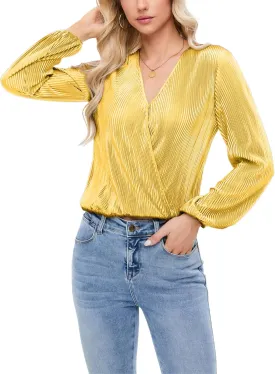 Women Long Lantern Sleeve Shirts Dressy Casual Loose Fit Fall V Neck Blouses Date Night Tops