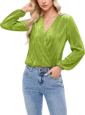 Women Long Lantern Sleeve Shirts Dressy Casual Loose Fit Fall V Neck Blouses Date Night Tops