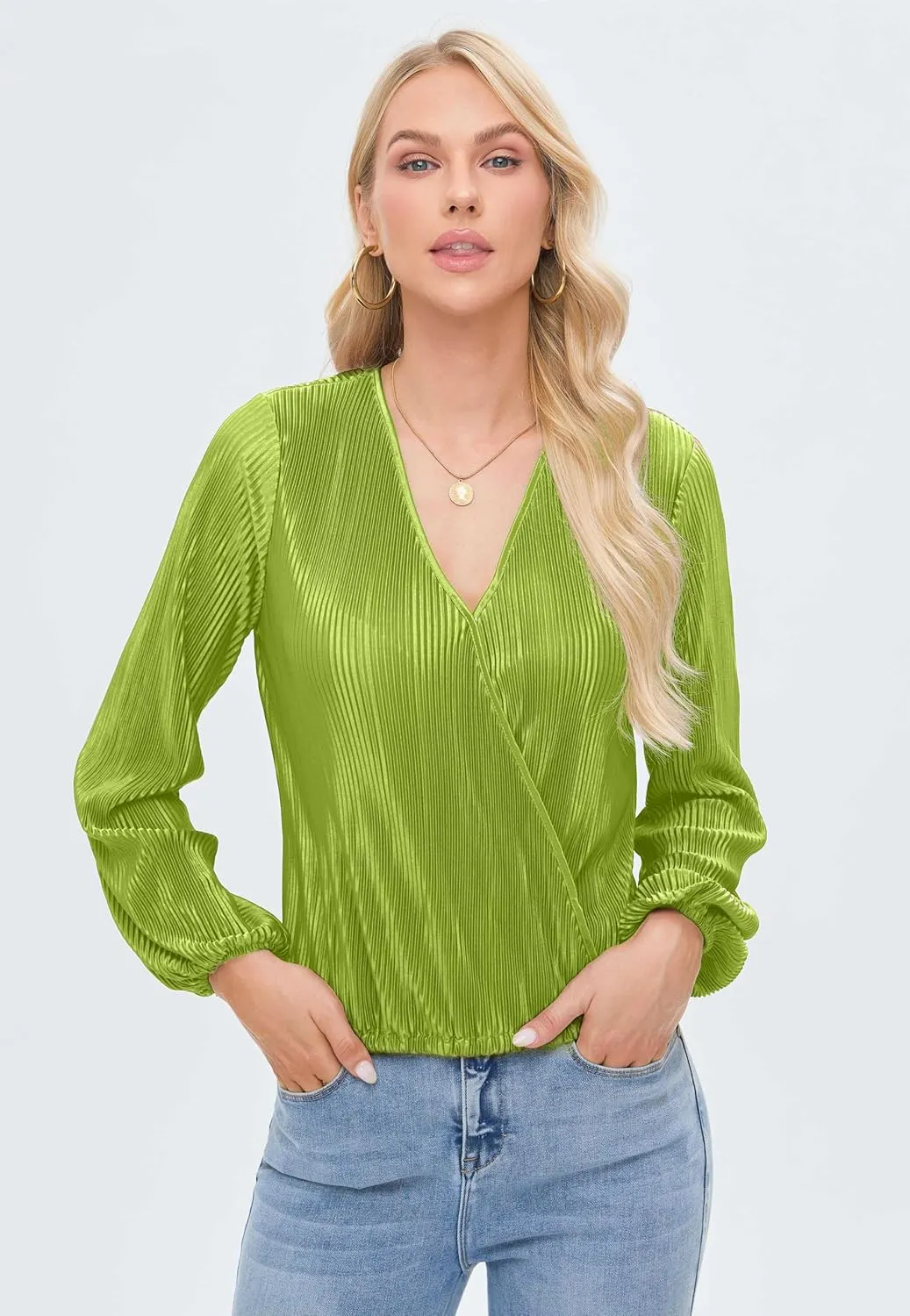 Women Long Lantern Sleeve Shirts Dressy Casual Loose Fit Fall V Neck Blouses Date Night Tops