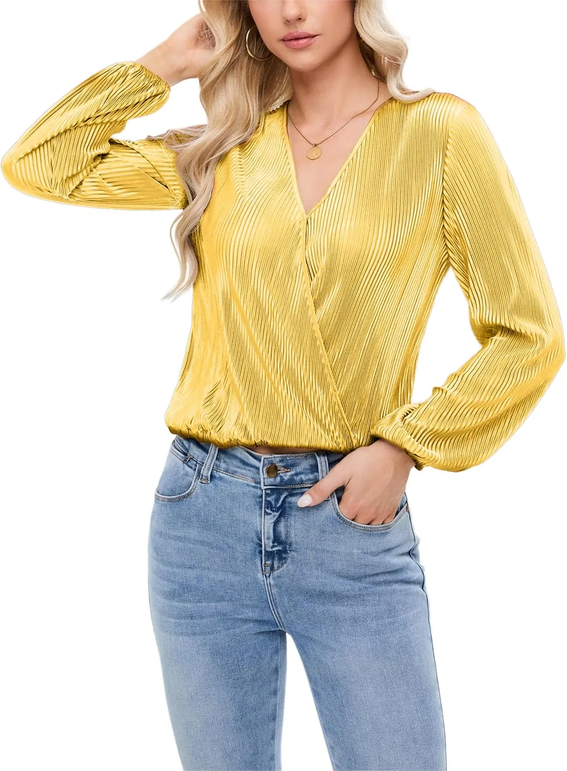 Women Long Lantern Sleeve Shirts Dressy Casual Loose Fit Fall V Neck Blouses Date Night Tops