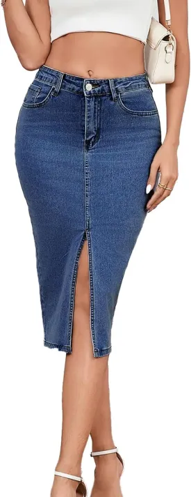 Women's Casual Jean Skirt High Waist Slit Midi Denim Skirt