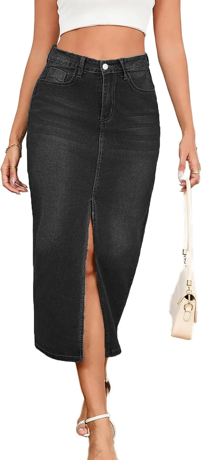 Women's Casual Jean Skirt High Waist Slit Midi Denim Skirt