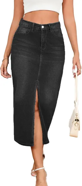 Women's Casual Jean Skirt High Waist Slit Midi Denim Skirt