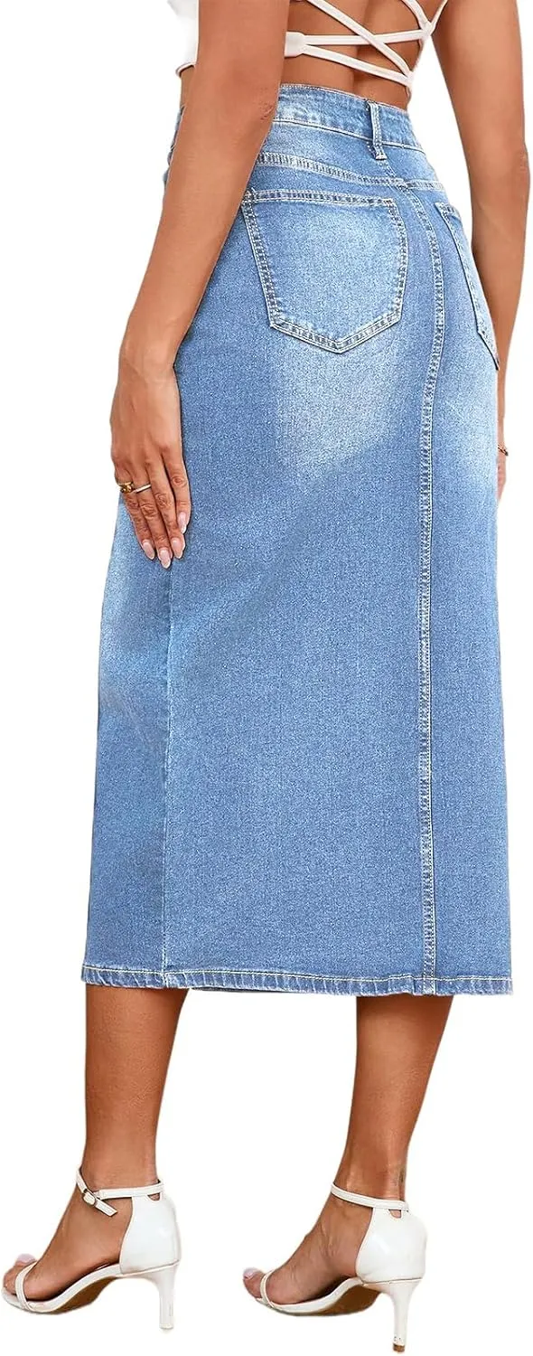 Women's Casual Jean Skirt High Waist Slit Midi Denim Skirt