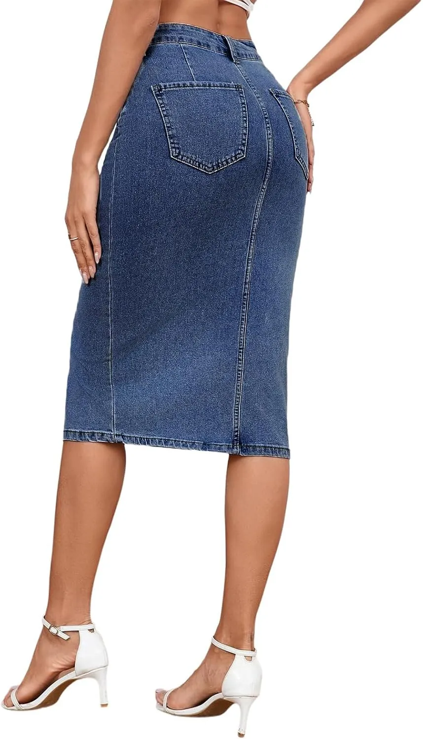 Women's Casual Jean Skirt High Waist Slit Midi Denim Skirt