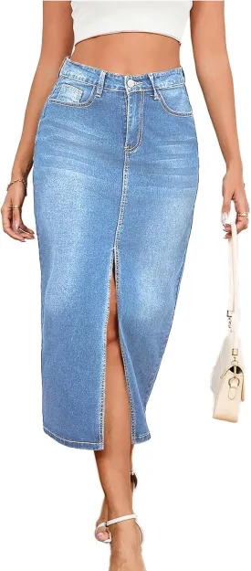 Women's Casual Jean Skirt High Waist Slit Midi Denim Skirt