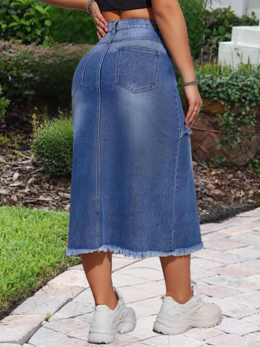 Women's Casual Slit Denim Midi Jean Skirt Stretch High Waisted Button Up Frayed with Pockets