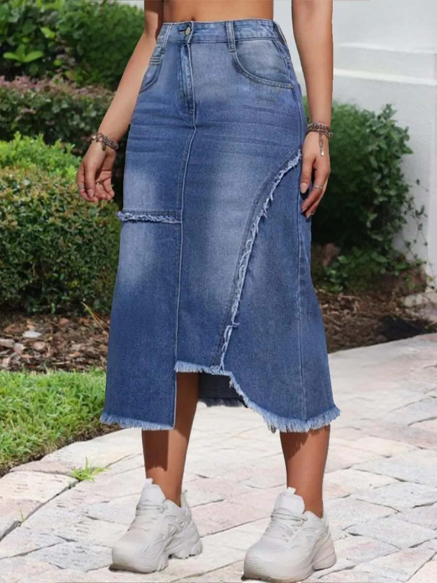 Women's Casual Slit Denim Midi Jean Skirt Stretch High Waisted Button Up Frayed with Pockets
