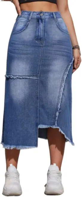 Women's Casual Slit Denim Midi Jean Skirt Stretch High Waisted Button Up Frayed with Pockets