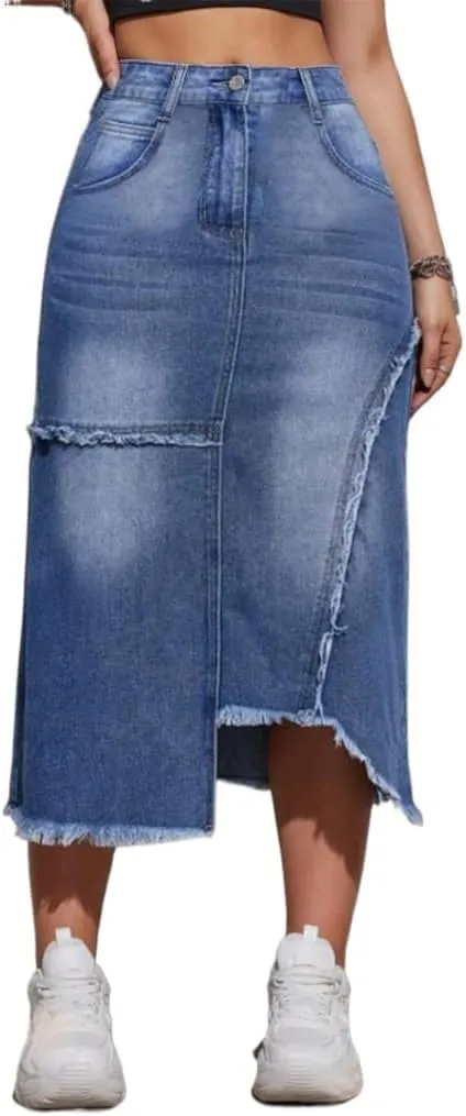 Women's Casual Slit Denim Midi Jean Skirt Stretch High Waisted Button Up Frayed with Pockets