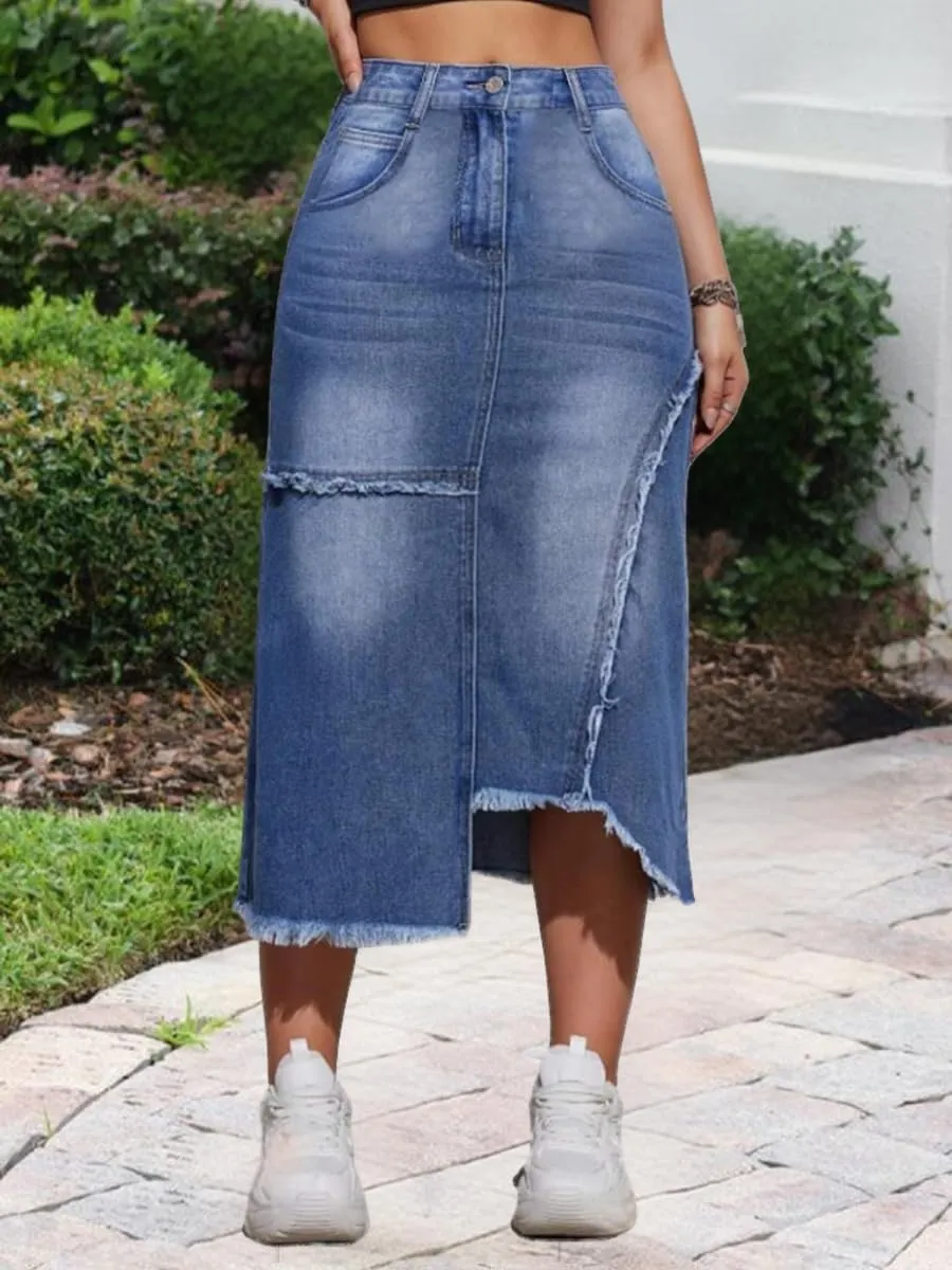 Women's Casual Slit Denim Midi Jean Skirt Stretch High Waisted Button Up Frayed with Pockets