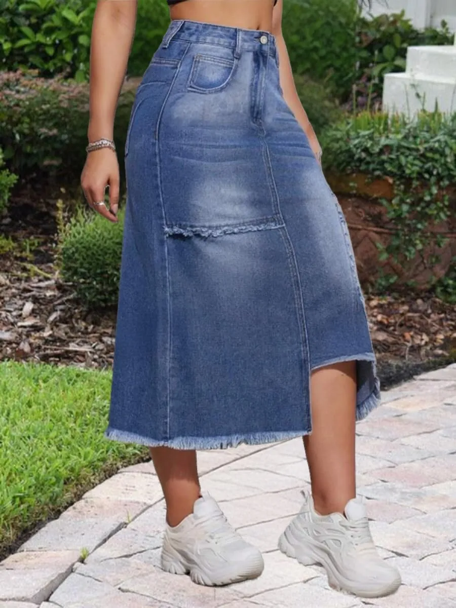 Women's Casual Slit Denim Midi Jean Skirt Stretch High Waisted Button Up Frayed with Pockets