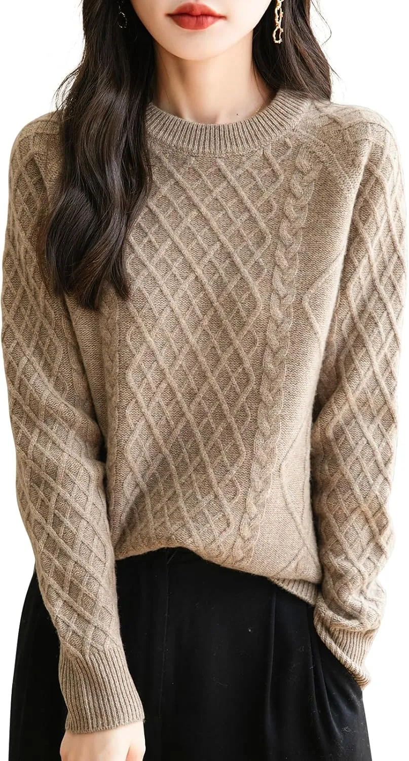 Women's Crew Neck 100% Merino Wool Sweater 2025 Fall Winter Classic Vintage Cable Warm Long Sleeve Knit Sweater