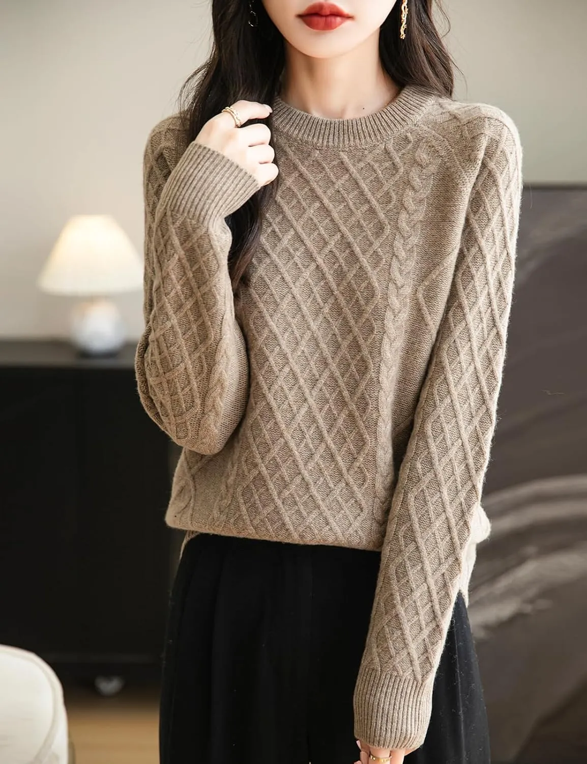 Women's Crew Neck 100% Merino Wool Sweater 2025 Fall Winter Classic Vintage Cable Warm Long Sleeve Knit Sweater