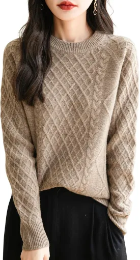 Women's Crew Neck 100% Merino Wool Sweater 2025 Fall Winter Classic Vintage Cable Warm Long Sleeve Knit Sweater