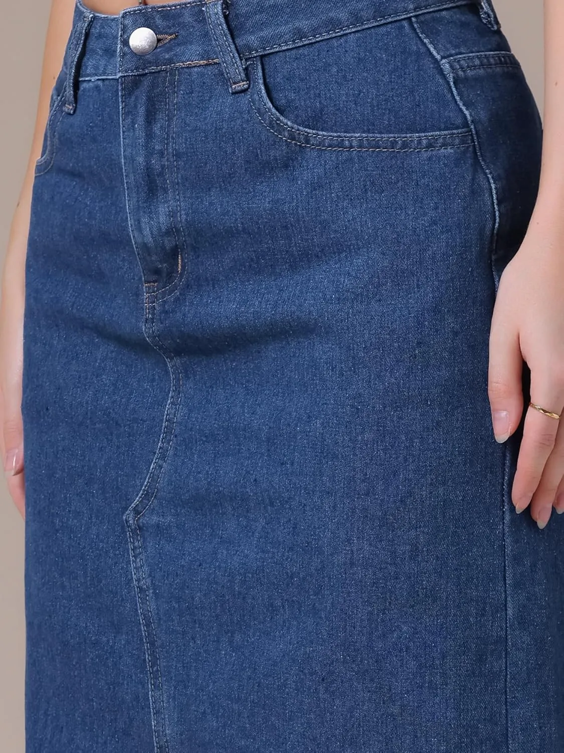 Women's Denim Skirt High Waist Front Slit Raw Trim Hem Pencil Skirt with Pockets Midi Jean Skirts