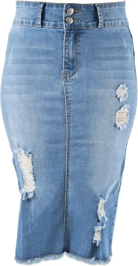 Womens Junior/Plus Size Below Knee Length Midi Pencil Ripped Denim Skirt