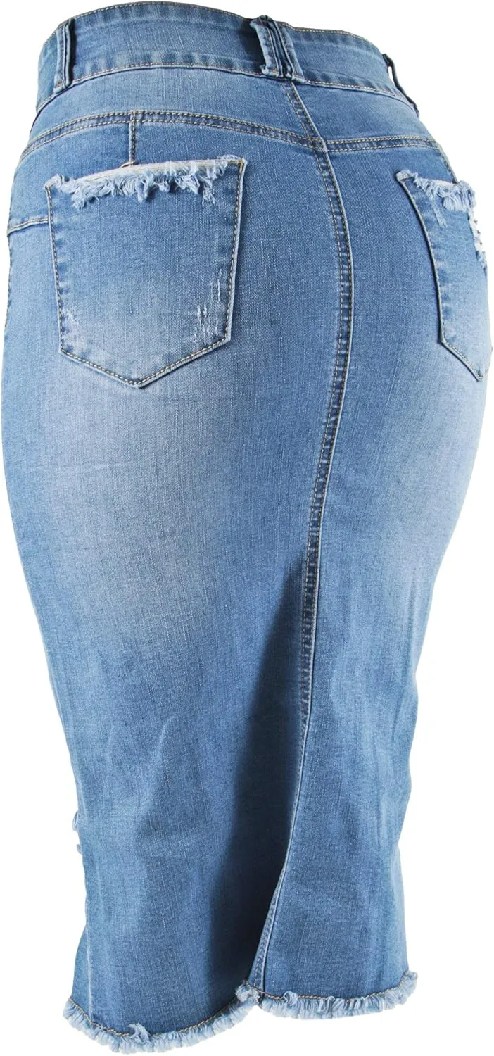 Womens Junior/Plus Size Below Knee Length Midi Pencil Ripped Denim Skirt