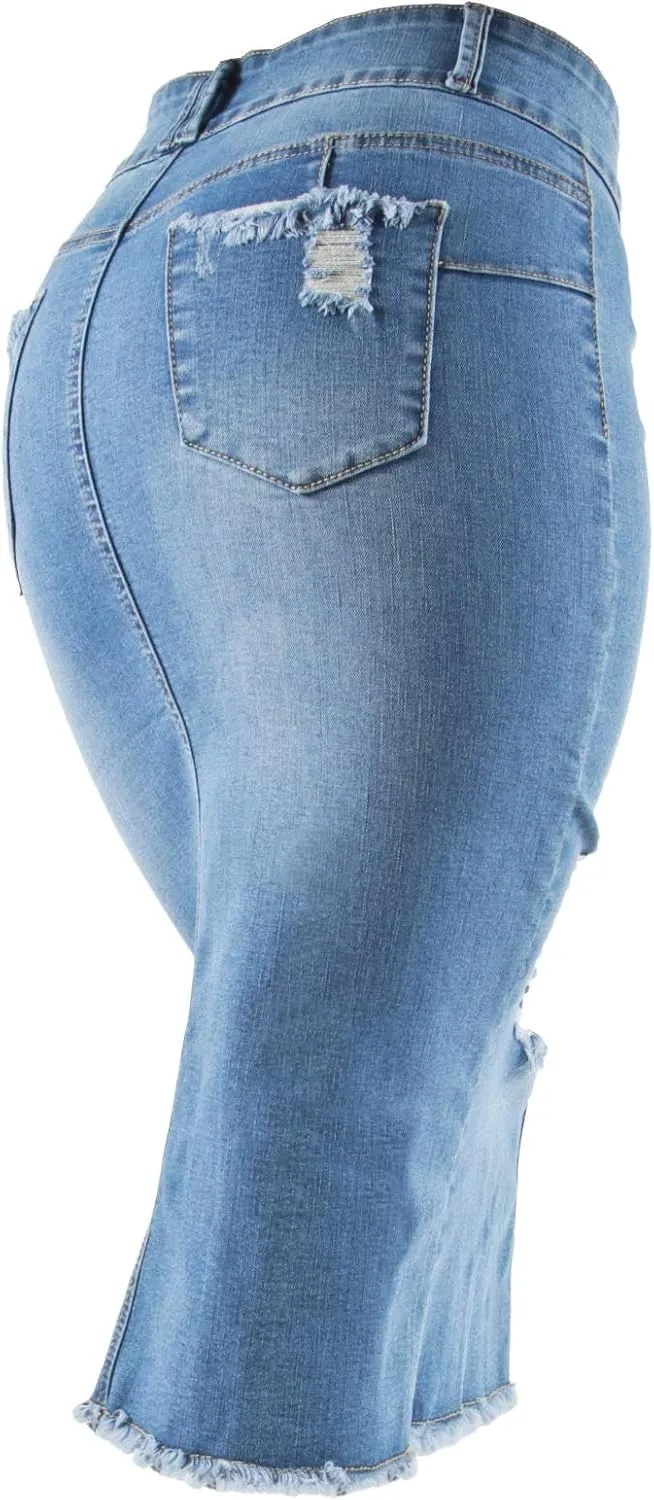 Womens Junior/Plus Size Below Knee Length Midi Pencil Ripped Denim Skirt