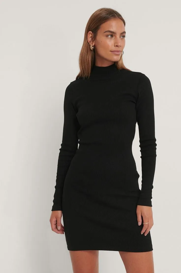 Women's Long Sleeve Mock Turtle Neck Dress Ribbed Knit Bobycon Pencil Dress Slim Fit Sexy Party Mini Dresses