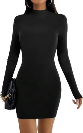 Women's Long Sleeve Mock Turtle Neck Dress Ribbed Knit Bobycon Pencil Dress Slim Fit Sexy Party Mini Dresses