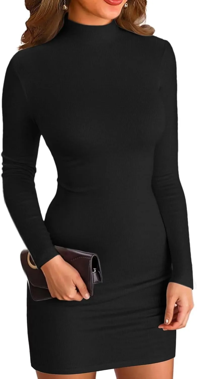 Women's Long Sleeve Mock Turtle Neck Dress Ribbed Knit Bobycon Pencil Dress Slim Fit Sexy Party Mini Dresses