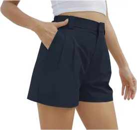 Women's Wide Leg Suit Tailored Shorts Casual Elastic Waist Summer Dressy Work Trouser Shorts with Flared Pockets