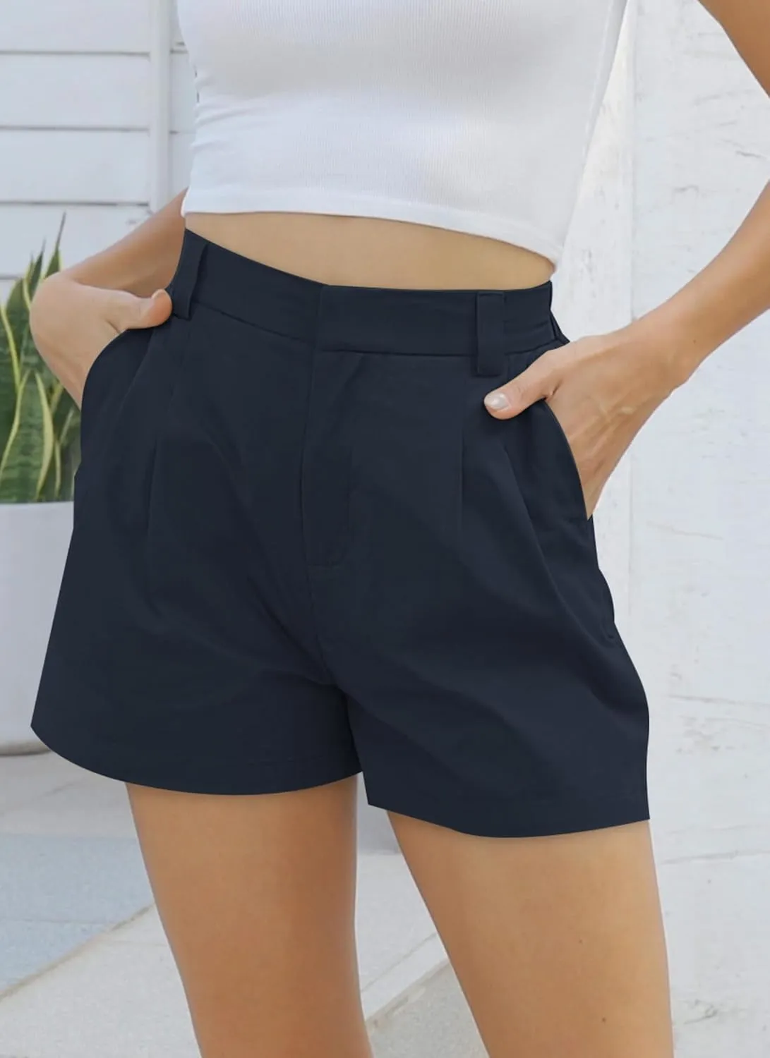 Women's Wide Leg Suit Tailored Shorts Casual Elastic Waist Summer Dressy Work Trouser Shorts with Flared Pockets