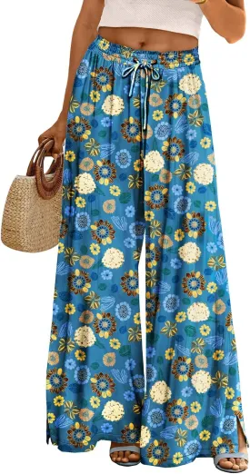 YESNO Women Summer Boho Palazzo Pants High Waist Wide Leg Floral Casual Cotton Lounge Trousers with Pockets PP0